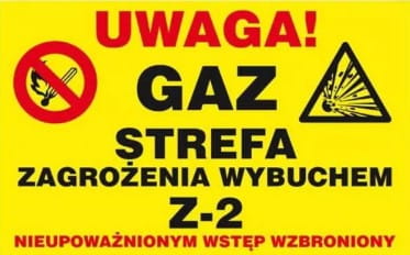 Anro Znak uzupełniający - gaz „Uwaga! Gaz strefa zagrożenia wybuchem z-2 nieupoważnionym wstęp wzbroniony”. Z-34G-P-250x350