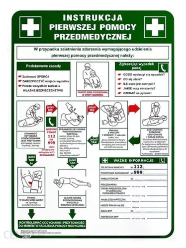 Anro „Instrukcja pierwszej pomocy przedmedycznej”. 250 x 350 mm (Płyta sztywna)