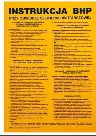 Anro „BHP przy obsłudze szlifierki dwutarczowej”. 330 x 460 mm (Płyta sztywna)