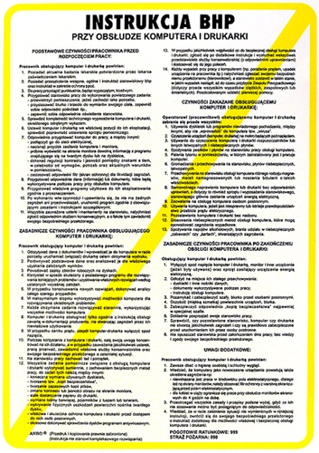 Anro „BHP na stanowisku komputera i drukarki”. 250 x 350 mm (Płyta sztywna)