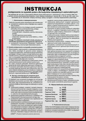 Anro „Postępowanie na wypadek pożaru w budynkach mieszkalnych wielorodzinnych”. 250 x 350 mm (Płyta sztywna)