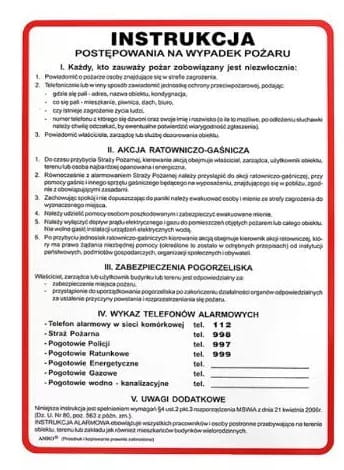 Anro Instrukcja PPOŻ.„Postępowania na wypadek pożaru”. 250 x 350 mm (Płyta sztywna)