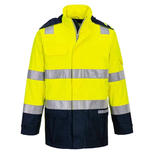 Portwest FR605YNR Trudnopalna i antystatyczna kurtka ostrzegawcza Bizflame Rain + Light Arc żółty/granatowy