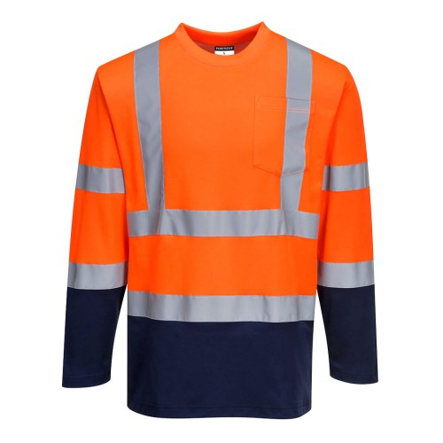Portwest S280 Dwukolorowa koszulka t-shirt Cotton Comfort z długimi rękawami granatowo-pomarańczowy