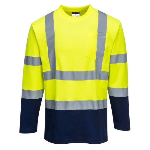 Portwest S280 Dwukolorowa koszulka t-shirt Cotton Comfort z długimi rękawami granatowo-seledynowy