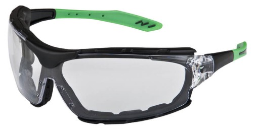 Okulary M6000 Zauszniki zielone i czarny wentylowany nosek, miękkie końcówki zauszników, niezaparowujące, niezarysowujące, bezbarwne szkła, wewnętrzne krawędzie szkieł z miękką EVA pianką, która