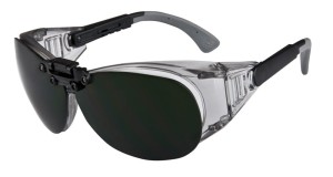 Okulary R1000 Okulary ochronne z podwójnym szkłem, jasno szara ramka, czarne zauszniki z szarymi miękkimi końcówkami, niezaparowujące, niezarysowujące bezbarwne szkło i podnoszone spawalnicze szkła nr 5