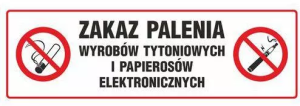 Zakaz palenia wyrobów tytoniowych i papierosów elektronicznych -10cmx30cm. Naklejka